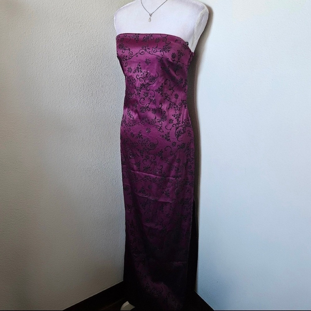 Vintage Rampage Purple Glitter Floral Strapless Maxi Dress Slit